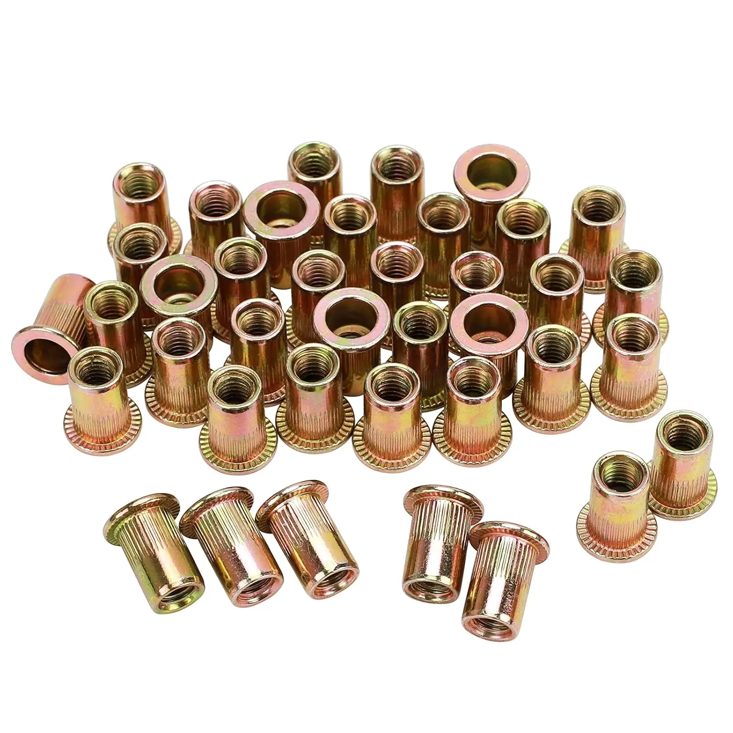 100 count M8 Rivet Nuts, M8 Flat  Rivnut Threaded Insert Nuts with Knurled , Metric Zinc Plated Carbon Steel Insert Nutsert for Automotive, Furniture, Decoration