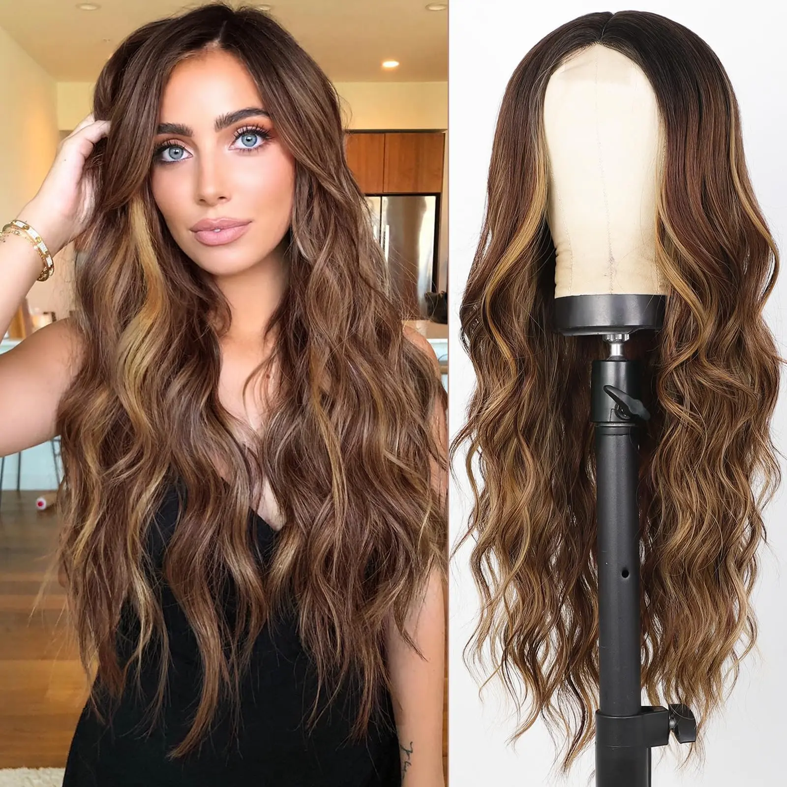 AISI HAIR 26 Inch Long Wavy Wigs Middle Part Curly Synthetic Fiber Wig for Daily Party Use Realistic Hairline Hand-Woven Soft Breathable Easy Wear Without Glue Pre Styled Wig Water Wave Wigs Wavy Blonde Wigs Scalp Effect Wig