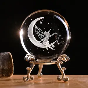 3D Fairy Crystal Ball with golden Stand 60mm Laser Engraved Moon Fairy Glass Ball Decorative Globes Crystal Fairy Sphere Kids Gifts for Girl Her Fairy Lover Birthday Gifts for Daughters