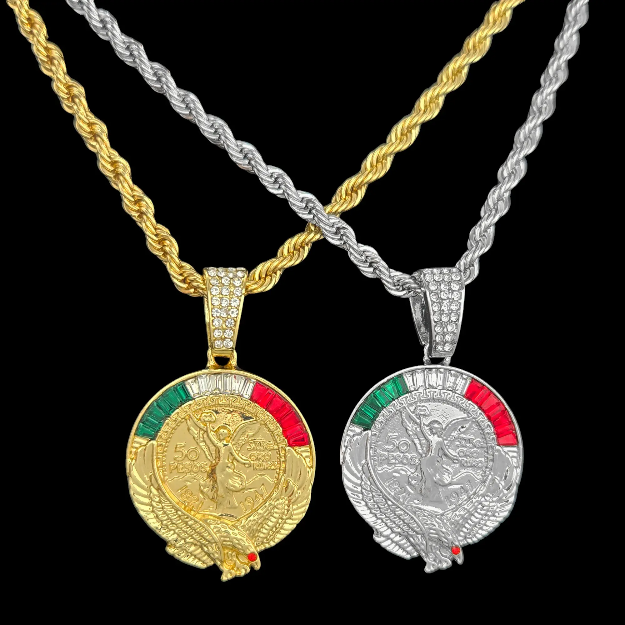 MaxBling81 Iced Out Mexico Coin Pendant Jewelry Necklace - Hip-Hop Inspired Cubic Zirconia, 4mm 24" Rope Iced Out Chain, Gold-Silver Plated Unisex Fashion Modern Accessory, Daily Wear, Iced Out Chains
