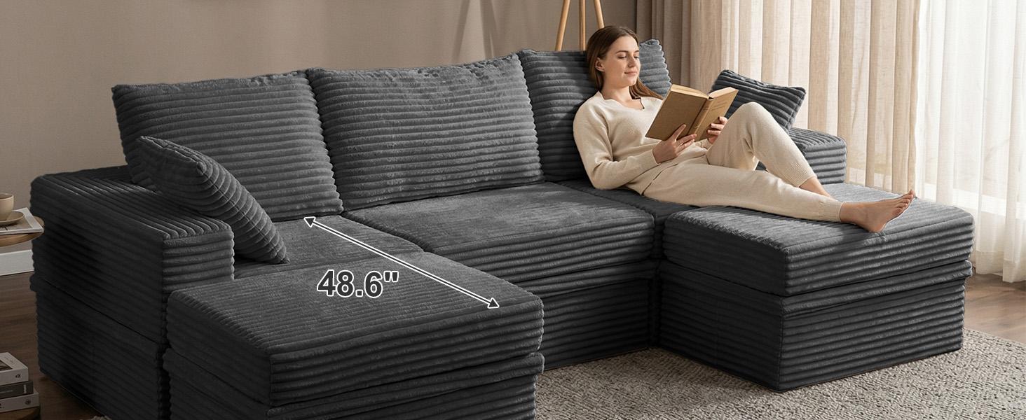 【3 Packages Shipping】NABUMI 107" Modular Sectional Sofa with Storage, Oversized U-Shaped Cloud Couch with Ottoman, 27" Deep Seat Memory Foam Corduroy 5-Seater Couches, Free Combination, Tool-Free Assembly, Black, Beige, Dark Gray, Green
