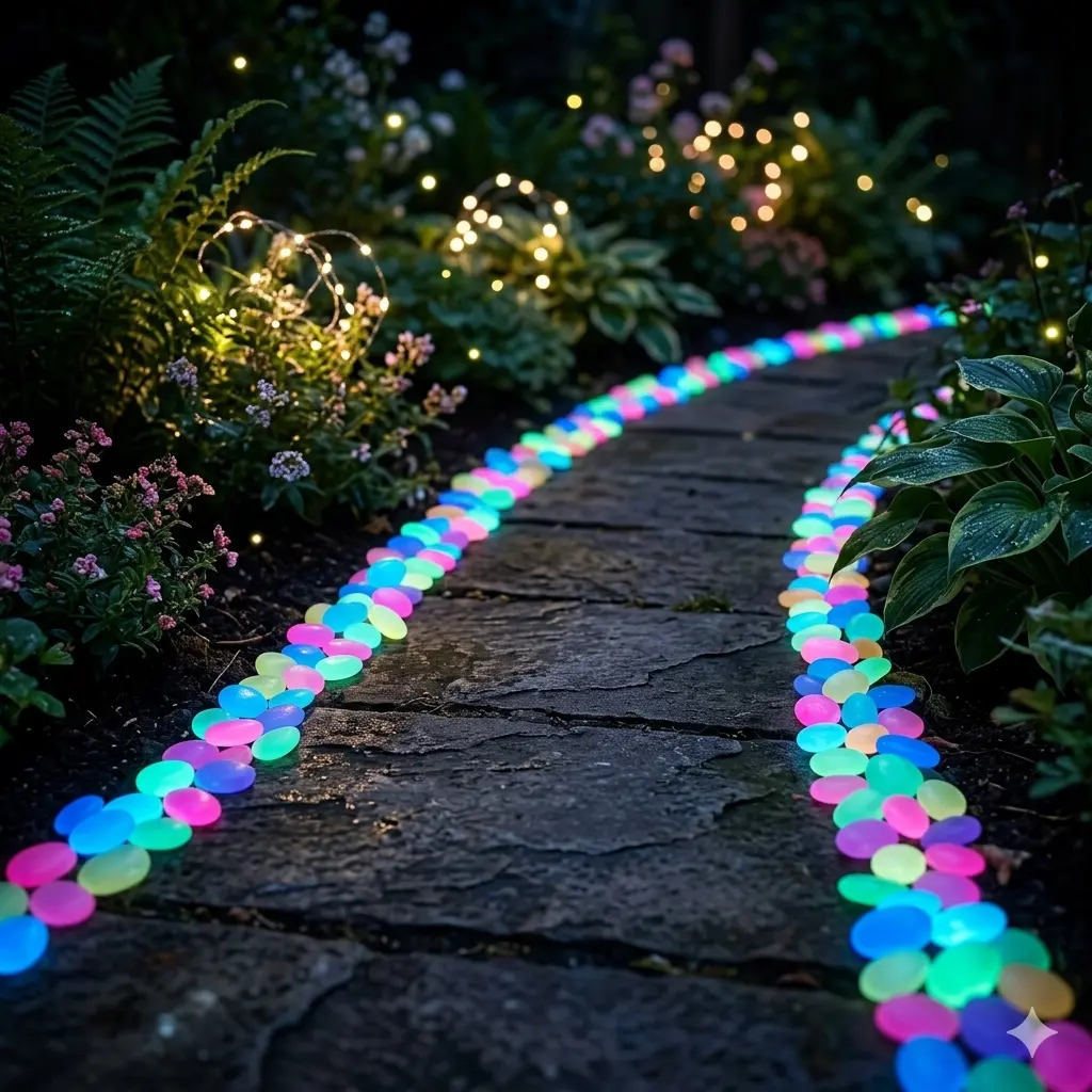 Multi-Color Glow-in-the-Dark Garden Decor Pebbles - Luminous Decorative Stones for Backyard Pathway, Aquarium, Vase Filler path,sculpture,statue,Adjustable,Lotus,Rain Chain with Bell,Witch,Moon,Stained,Glass,Hanging