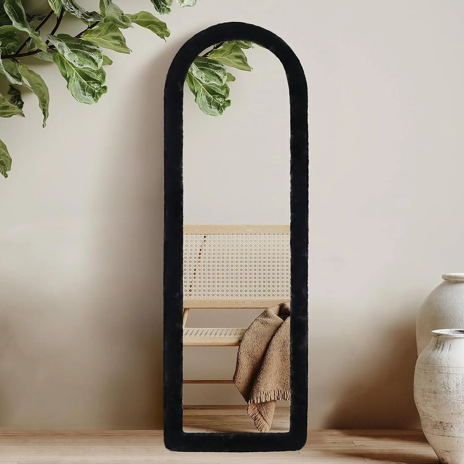 Fluffy Mirror Cover for Arched & Full-Length Mirrors (59"x16") - Stretch Fabric, Non-Slip Backing, Decorative Protector - Soft & Durable Decor (Mirror Not Included) Room Black01