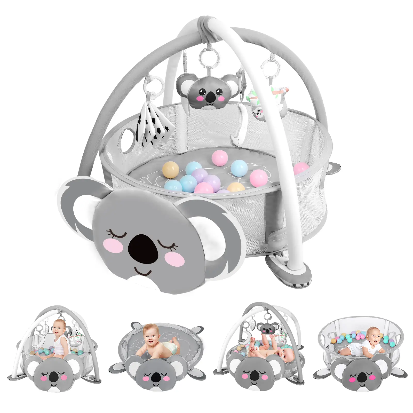 dearlomum 4-in-1 Baby Play Mat Koala Gym Tummy Time Mat for Floor Activity with 30 Balls & 5 Sensory Toys for Newborn Toddler Boy & Girl Gifts