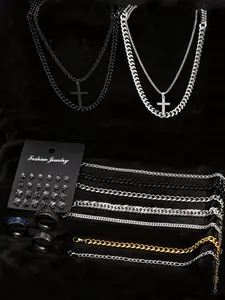 38-Piece Stainless Steel Jewelry Set, Men's Accessories, Zircon Earrings, Cross Necklace, Cross Pendant Necklace, Bracelet, Couple Jewelry, Daily Wear, Gift