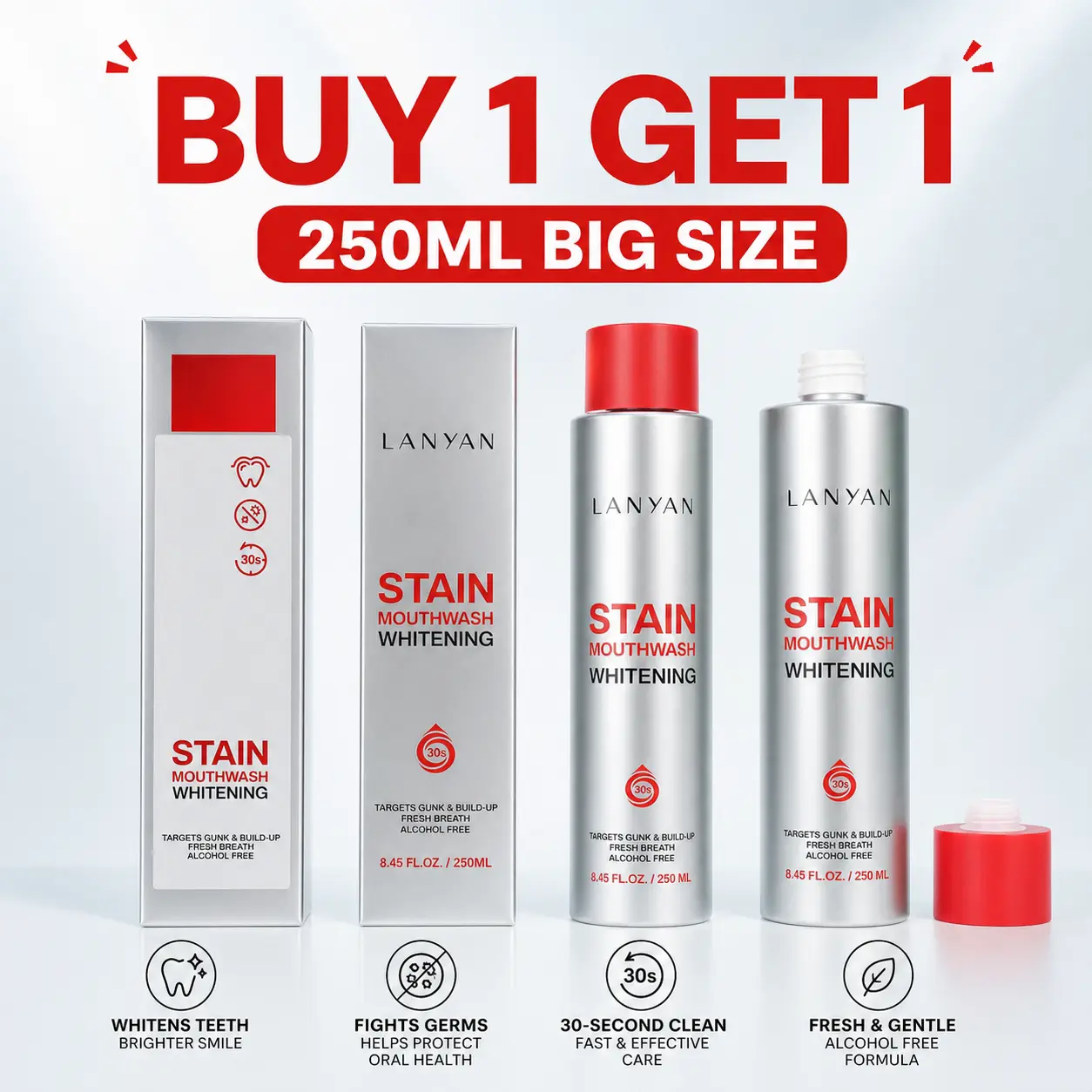 Buy One Get One 250ML(8.45 fl.oz) Whitening Stain Mouthwash – Alcohol Free & Peroxide Free Gentle Teeth Whitening Rinse,  Removes Coffee, Tea & Smoke Stains in 30 Seconds, 250ML Value Size