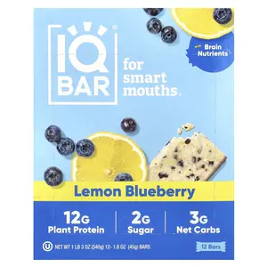 IQBAR Plant Protein Bar, Lemon Blueberry, 12 Bars, 1.6 oz (45 g) Each