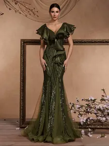 Elegant Women's Mermaid Prom Dress, Deep V Neck Backless Design, Ruffle Sleeve Beaded Patchwork Geometric Evening Gown for Formal Events