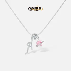 GANIA Shimmering silver tone 26-letter pendant necklace with pink decorations, a fashionable Valentine's Day gift, birthday gift, excellent choice for ladies