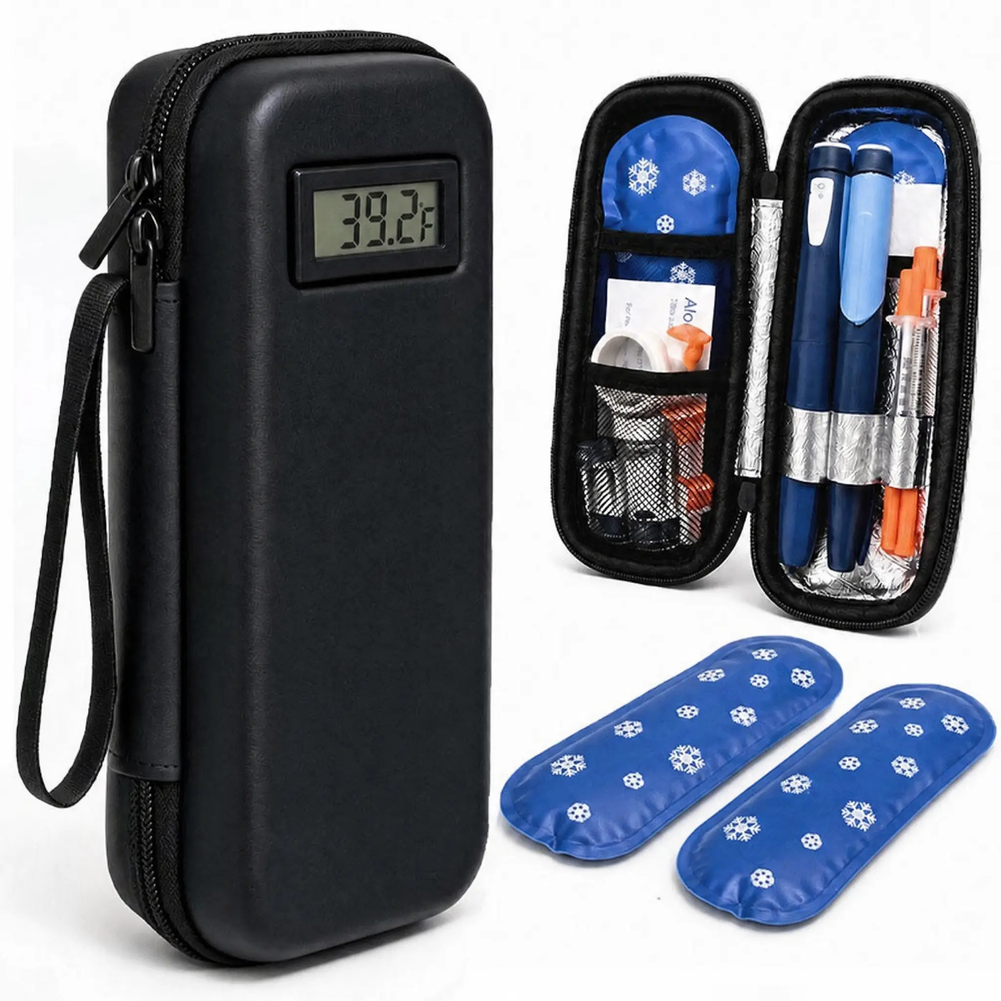 Insulin Cooler Travel Case with Temperature Display - Insulated Foldable Zippered Refrigerated Medicine Bag, 2 TSA-Approved Ice Packs, Diabetic Medication Pen Organizer for Trips & Daily Use, Foldable Travel Bag, Insulated Bag
