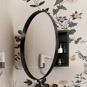 31.5 Inch Surface Mount Round Metal Framed Medicine Cabinet  Mirror and Adjustable Shelves Black Wall Mirror  Storage for Bathroom, Matte Black with