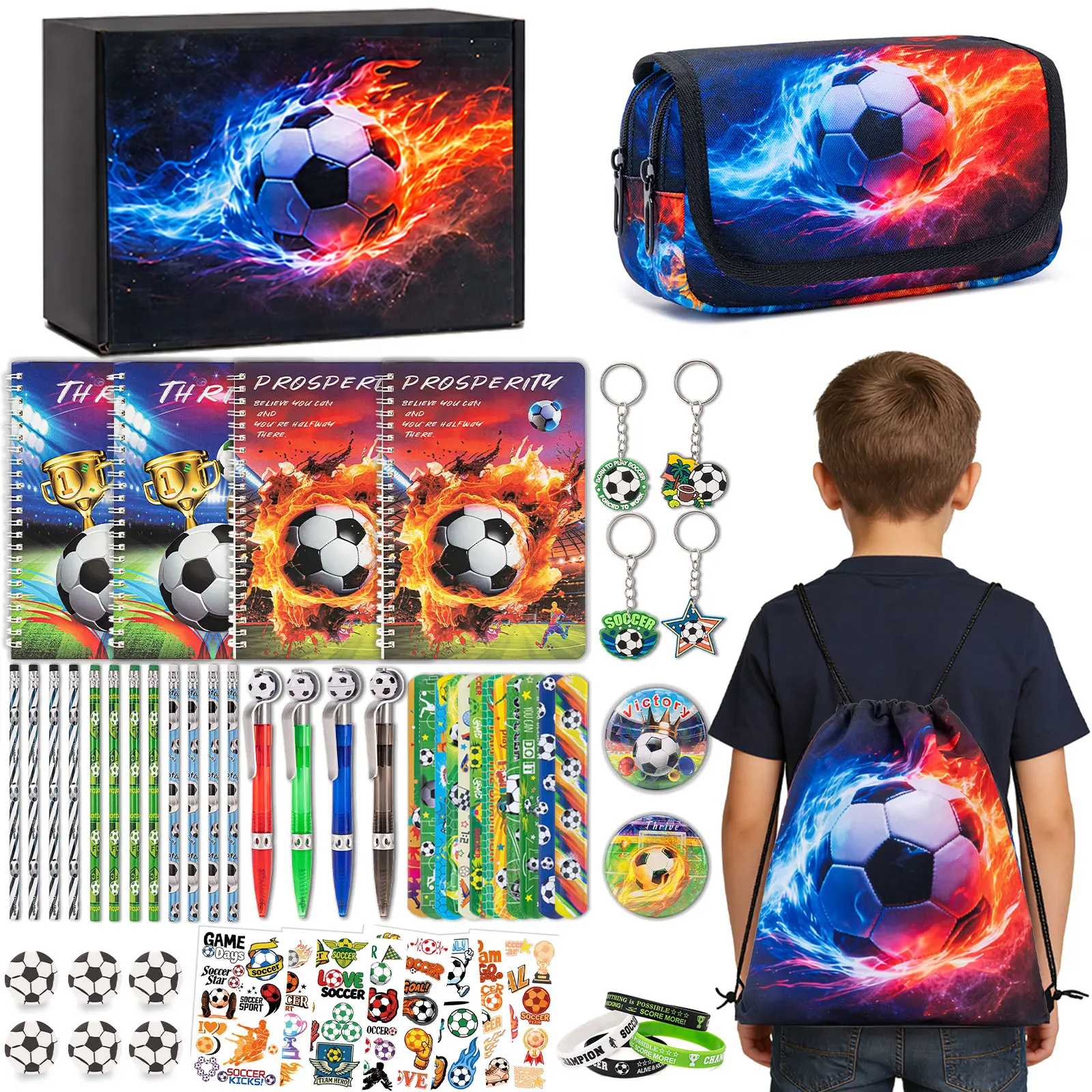 SIMILOVE 61PCS Soccer Back to School Supplies Set - No Wheels Backpack, Pencil Case, Drawstring Bag, Spiral Notebooks, Pens, Pencils, Tattoos, Wristbands in Gift Box for Middle/Elementary School Shopping, Middle School, Back To School Shopping Supplies