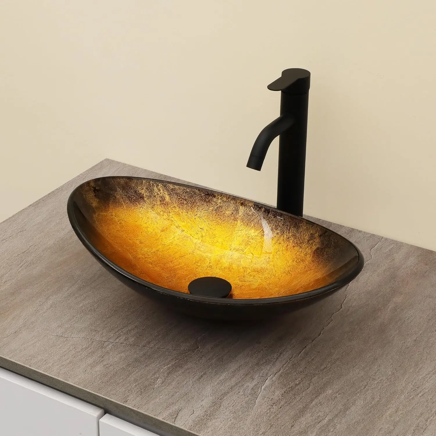 Logmey 18" Modern Glass Bathroom Vessel Sink, Oval Glass Art Basin with Yellow Gradient, Vanity Countertop Bowl with Black Pop-Up Drain Set for Home Improvement,bathroom makeover