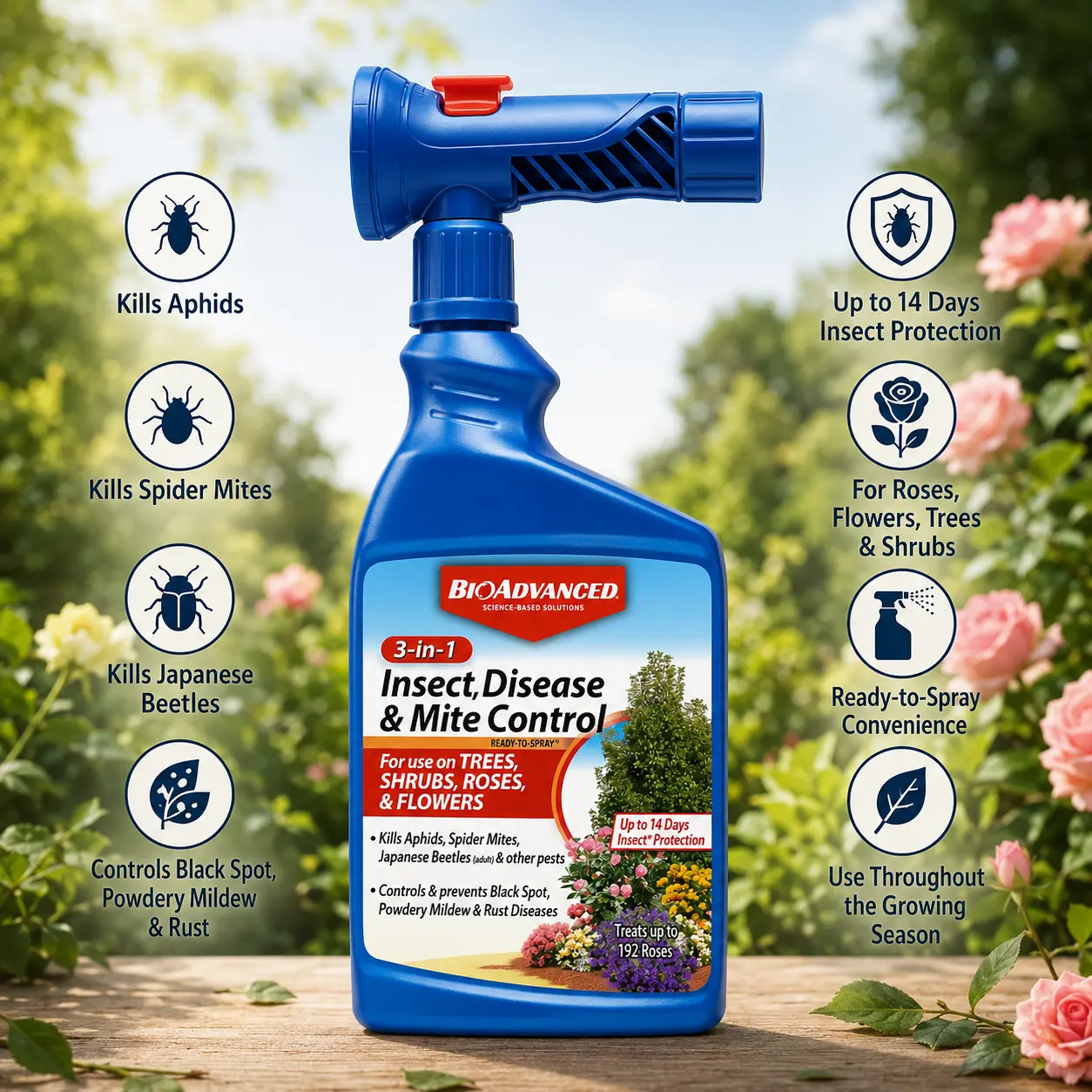 BioAdvanced Multi-Function 3-in-1 Insect, Disease & Plant Mite Control - 0.47% Imidacloprid Insecticide,Fungicide,Miticide - Outdoor Ready-to-Use Ready-to-Spray for Flowers - 1-Month Prevention - Rainproof 32 fl oz Bottle