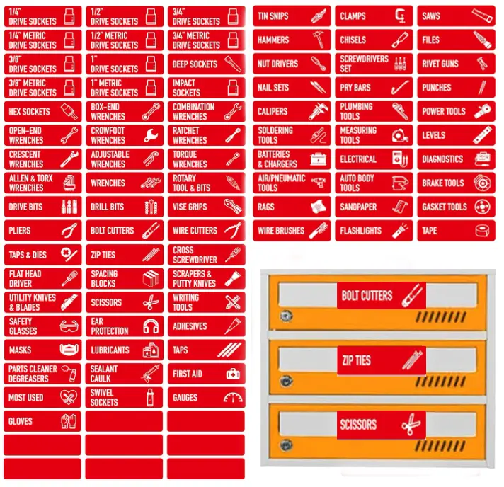 Magnetic Tool Labels for Toolbox – 90 Piece Heavy Duty Drawer & Tool Chest Labels (Red 3.5x1.0 in), Large Magnetic Toolbox Labels for Steel Drawers, Toolbox Organization Magnets for Garage Storage