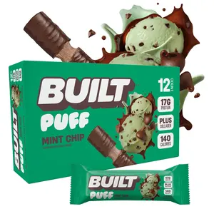 Official BUILT Bar, Puff Protein Bar Snacks, Mint Chip Puff, 17g Protein, 140 Calories, Collagen, Gluten Free, 12 Count Box