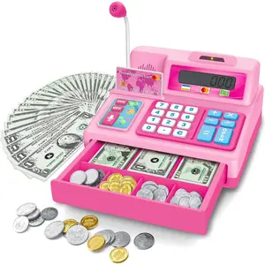 Calculator Cash Register Toy Gift for Kids Age 3, 4, 5, 6, 7, 8+ Year Old, 103 Pcs Grocery Store Playset with Microphone, Credit Card, Pink Cash Register Toy for Toddlers Kids 48