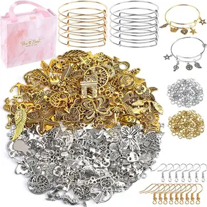 DIY Bangles Bracelet Making Kit, 171pcs/set DIY Jewelry Making Accessories Including 10pcs Expandable Bangle, 40pcs Pendants, 100pcs Jump Rings, 20pcs Earhooks & Gift Box, Diy Beading Accessories