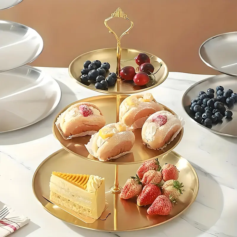 Golden Round 3-Tier Plastic Dessert Serving Tool - Cupcake, Cake, Fruit, Candy Display Tower for Wedding, Birthday Party Supplies