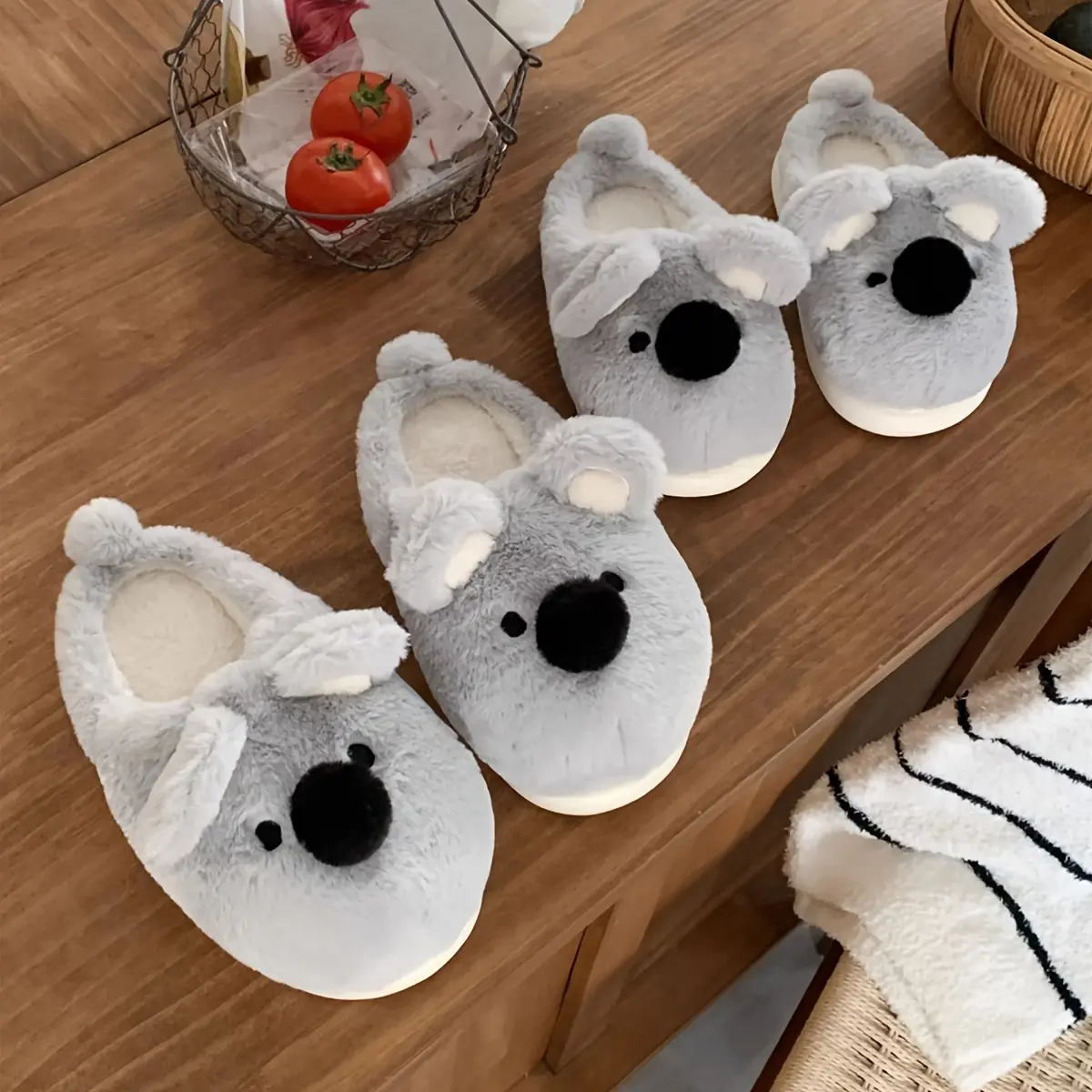 Women's Cute Koala Plush Slip-On Warm Home Shoes - Winter Fabric Slippers with Non-Slip EVA Sole, Hand Washable Couple Indoor Casual Shoes
