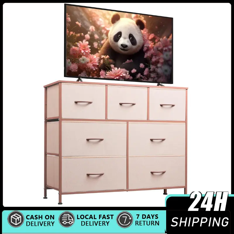 Modern Rectangular 7-Drawer White Fabric Dresser with Metal Frame, Wood Top & 45-in TV Stand Media Console, Versatile Indoor Storage Cabinet for Bedroom, Nursery