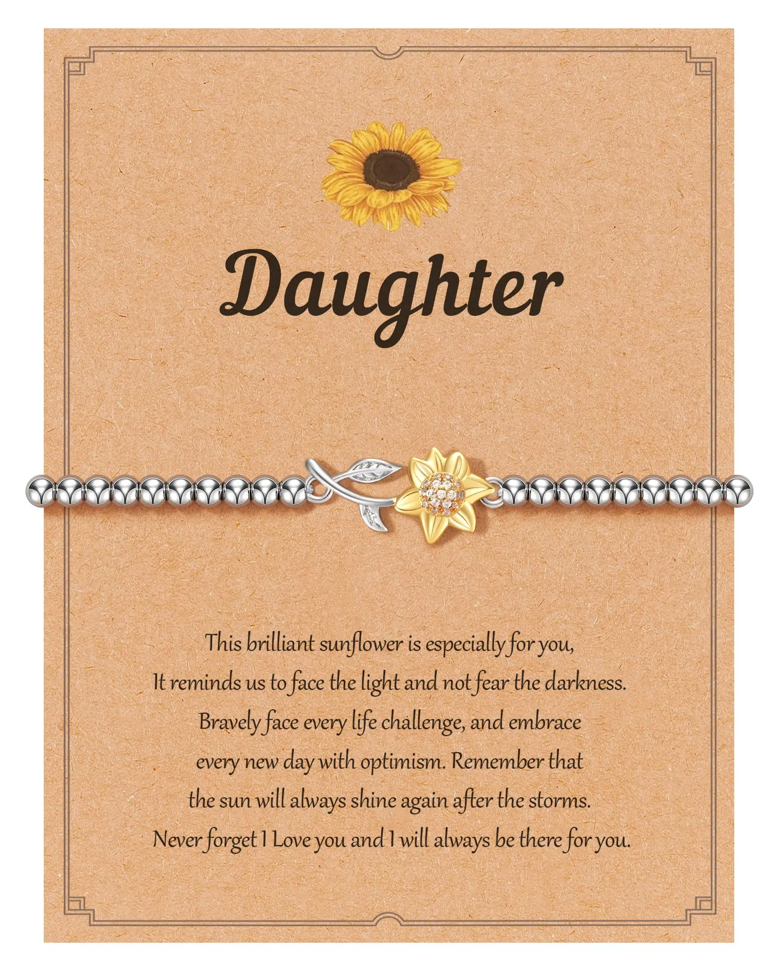 Women's Artificial Gemstone Sunflower Bracelet - Stainless Steel Flowers Jewelry with Meaning Card, Cubic Zircon Sparkle Inspirational Gift for Happy Birthday, Valentine (Daughter)