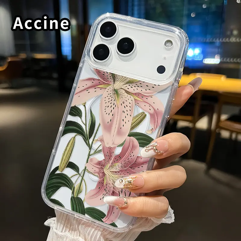 Magnetic Phone Case for iPhone 17 16  Pro Max Plus 15 14 13 12 11 Air E Enchanted Lilies  Pattern Acrylic Back Silicone Edges Waterproof Mobile Phone Cover Transparent Shockproof