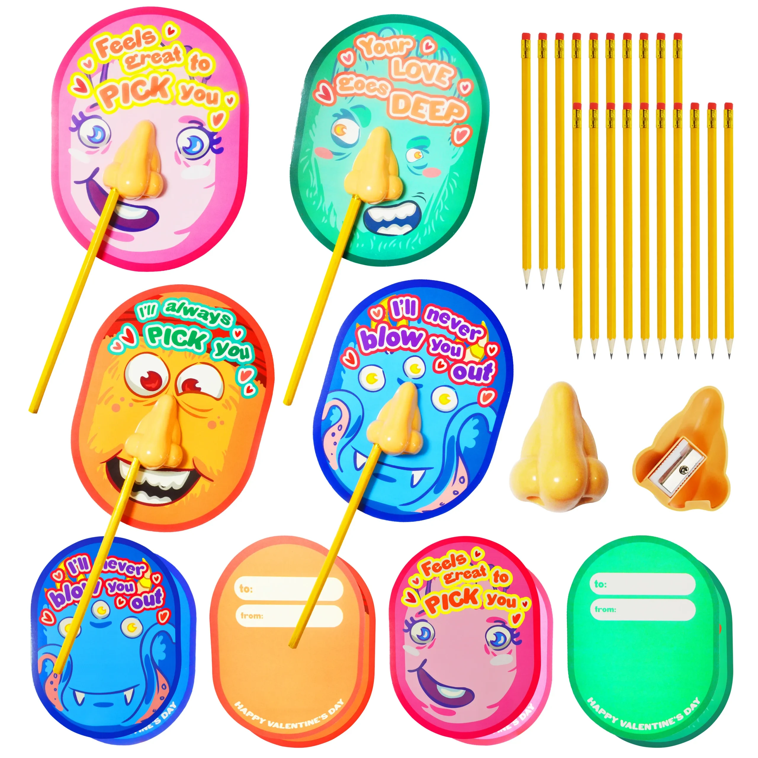 28Pcs ‘I Pick Your Nose’ Pencil Sharpener Set Kids Valentines Cards for Kids Gifts 2025 Valentine Exchange Cards