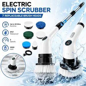 [Father's Day Gift]Electric Spin Scrubber, Rechargeable with Upgraded Battery & Extended Runtime, IPX7 Cleaning Brush, 3000mAh Battery 7 Brush Heads 2-Speed Adjustable Long Handle for Bathroom & Tile Floor Cleaning
