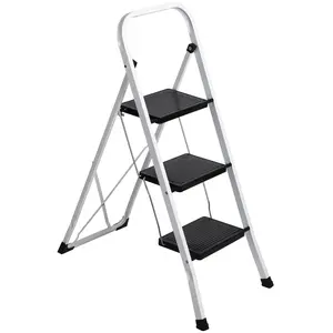 SuperDeal 3 Step Metal Frame Ladder Folding Step Stool Wide Anti-Slip Platform 330lbs Capacity, White