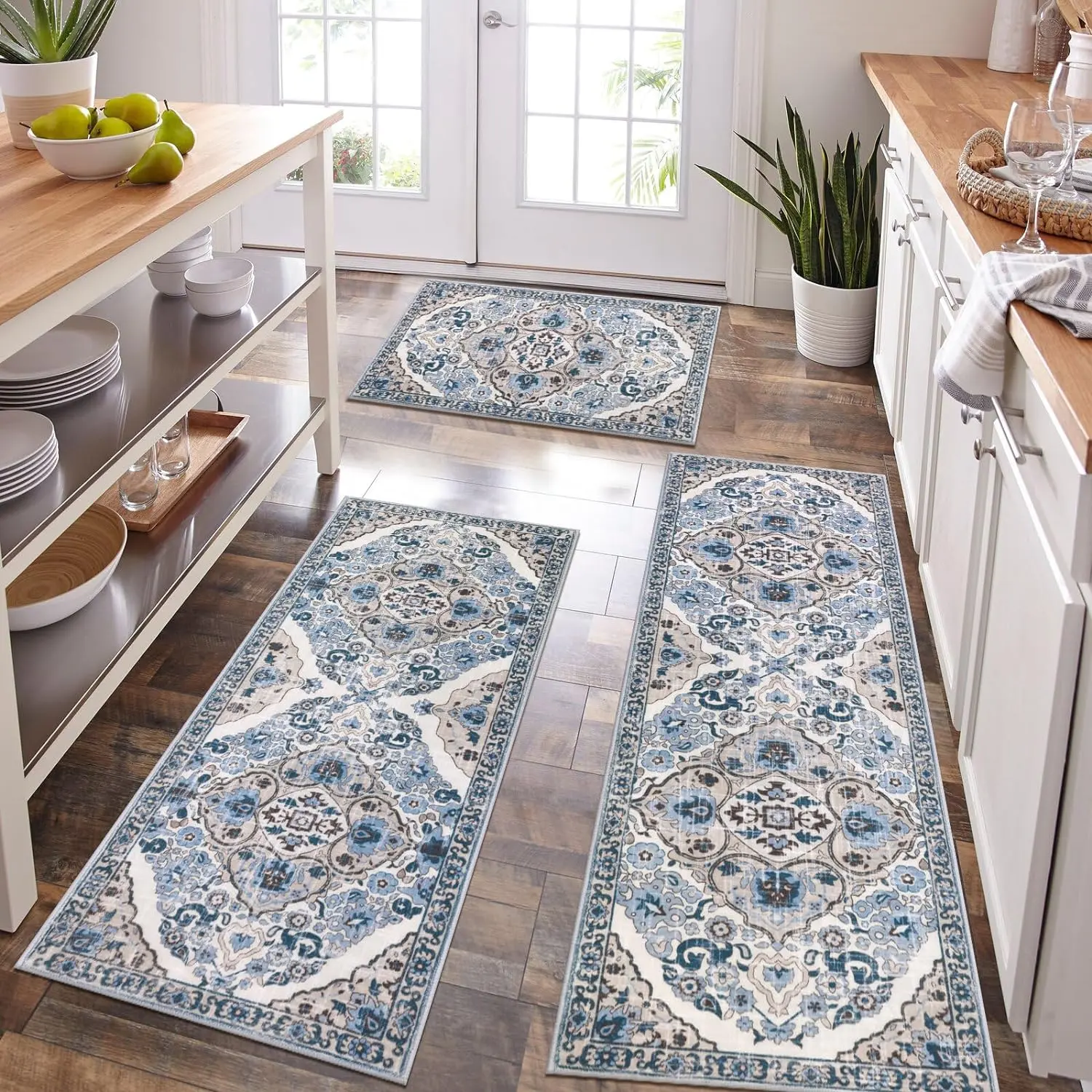 [Summer Sale Deals] HEBE Washable Farmhouse Kitchen Rugs Sets of 3 Non Slip Kitchen Rugs and Mats Boho Kitchen Mats for Floor Kitchen Runner Rug Kitchen Carpet Rug Runner for Hallways Kitchen Laundry summerwins