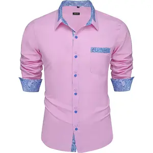 DiBanGu Mens Dress Shirt Collar Contrast Button Down Shirts Cotton Long Sleeve Shirt for Men with Pocket Wedding Party