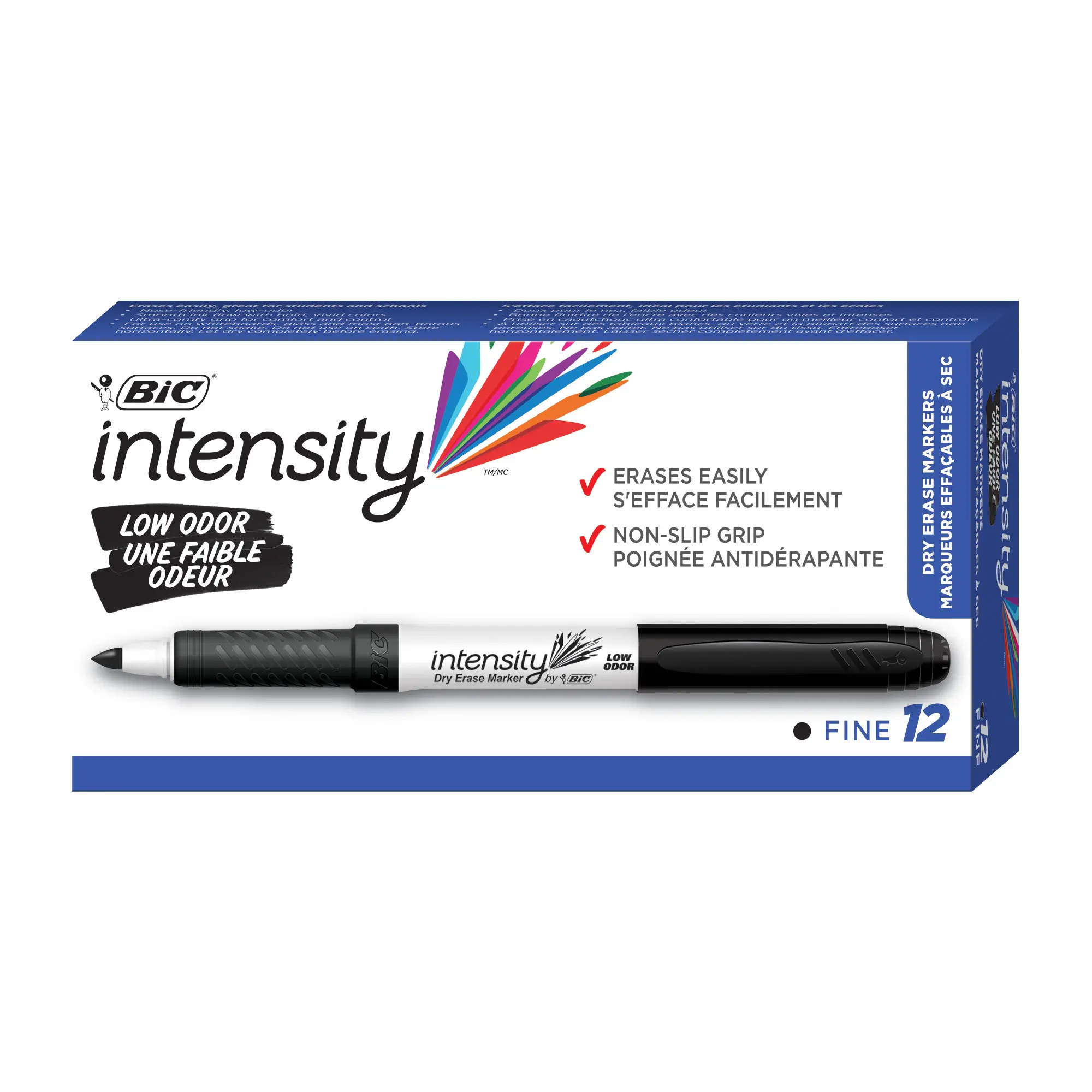 BIC Intensity Black Low Odor Dry Erase Markers, Fine Tip, 12-Count Pack of Erasable Markers with Low-Odor Ink for a Pleasant Writing Experience