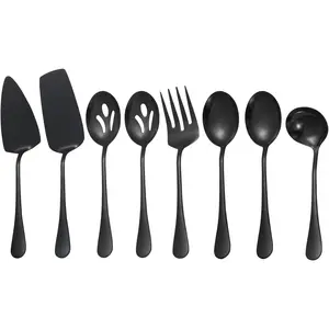 Black Serving Utensils,8 Pcs Stainless Steel Serving Utensil Set Include Serving Spoons,Serving Fork,Soup Ladle,Lasagna Server,Pie Server,Large Serving Set for Parties Buffet ,Dishwasher Safe