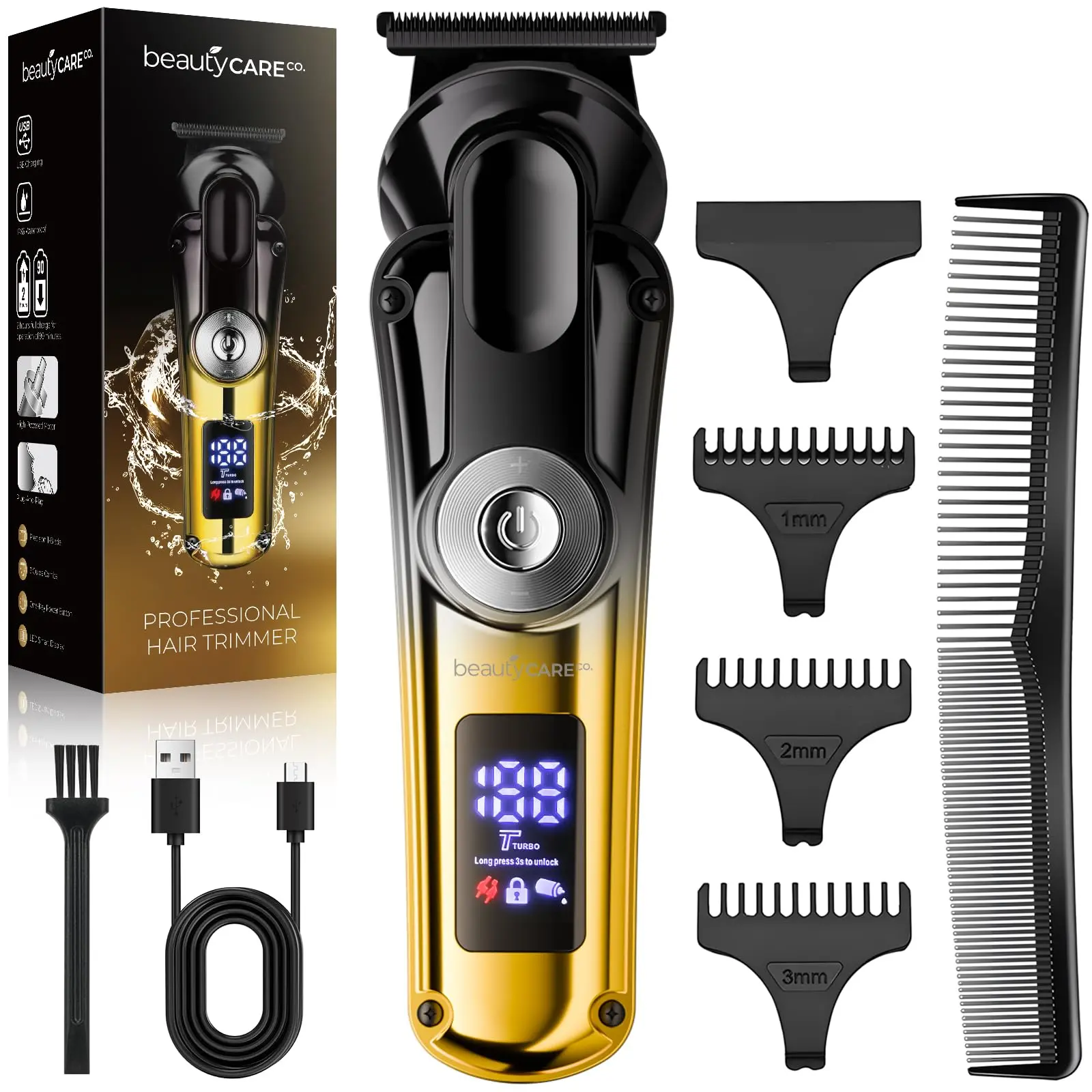 PRITECH Cordless T-Blade Trimmer for Men, Beard & Hair Clipper with LED Display, USB-C Charging, 3 Guide Combs