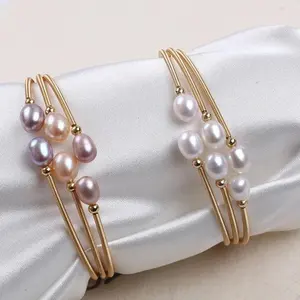 freshwater rice pearl bead wire wrapped adjustable cuff opening bangle bracelet for women