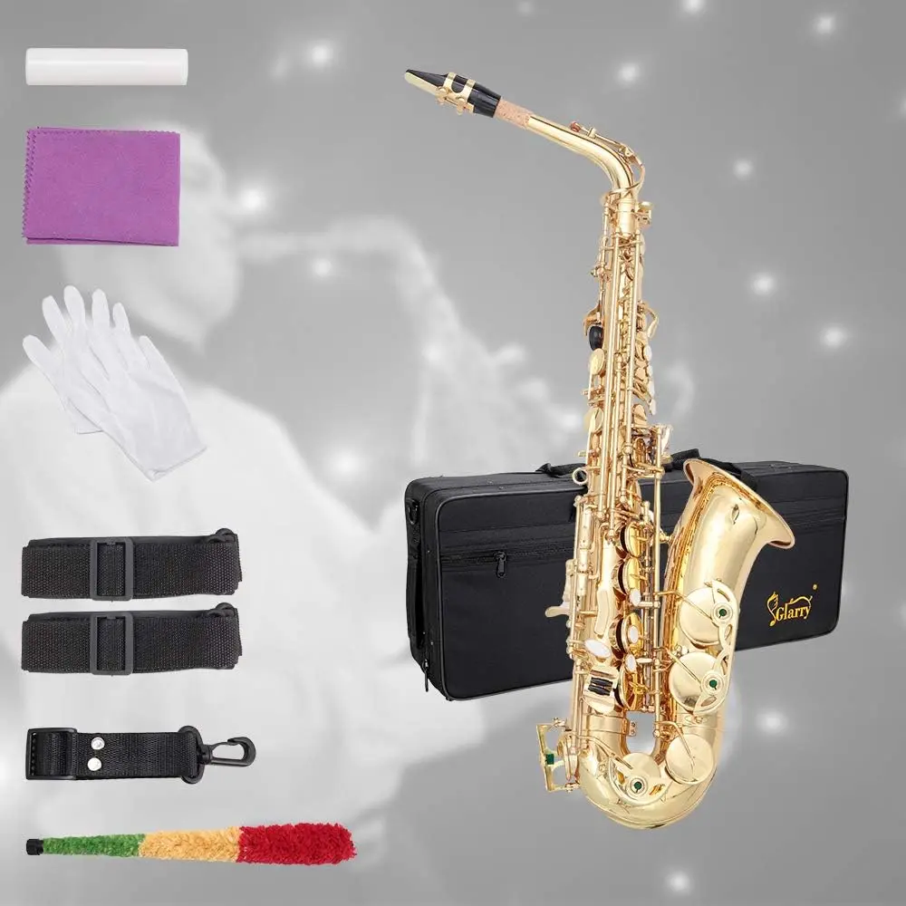Glarry Compact Gold Lacquer Eb E-Flat Alto Saxophone - Brand New Saxophone, Musical Instruments Beginner Kit for Adults, with Case, Reeds, Mouthpiece, Soft Cloth, Cleaning Rod, Gloves, Neck Strap, Glossy Finish, Durable Materials, High Value for Money
