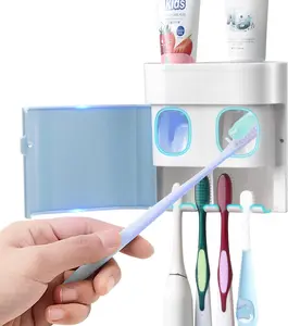 Toothbrush Holder Toothpaste Dispenser Wall Mounted with Cover, 4 Slots Tooth Brush Storage Organizer with Automatic Kids Toothpaste Squeezers for Shower