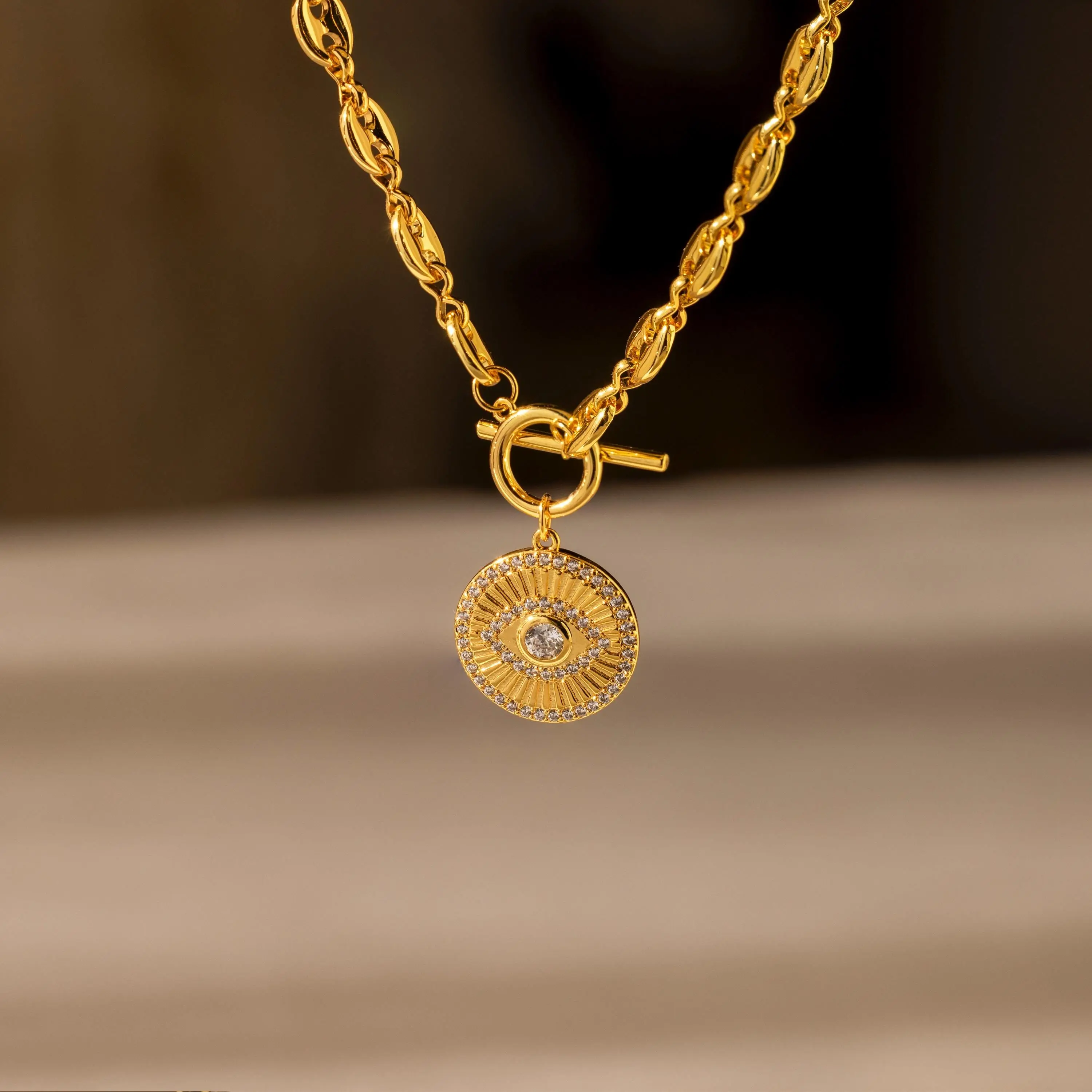 Evil Eye Toggle Necklace by Caitlyn Minimalist - Chunky Mariner Link Chain Necklace - Boho Statement Charm Necklace - Summer Jewelry - Best Friend Gift