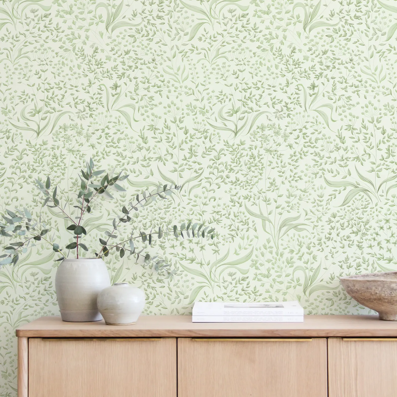 Sage Meadow Peel and Stick Wallpaper, Removable Self Adhesive Vine Wall Paper for Bedroom Closet Bathroom Living Room, Soft Green DIY Home Decor