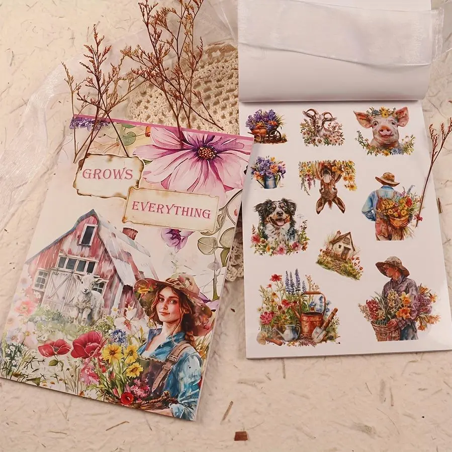 20-Sheet Large Size PET Waterproof Self-Adhesive Die-Cut Sticker Book with Farm Animal & Floral Patterns, 5. 56x8. 26 Inches, Perfect for Journaling, Scrapbooking, DIY Crafts, Water Bottles, Skateboards, and Holiday Decorations, DIY Craft