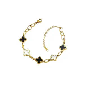 European American 18K Titanium Steel Four Leaf Clover Black White Shell Bracelet Korean Bohemian Non Fading Chain