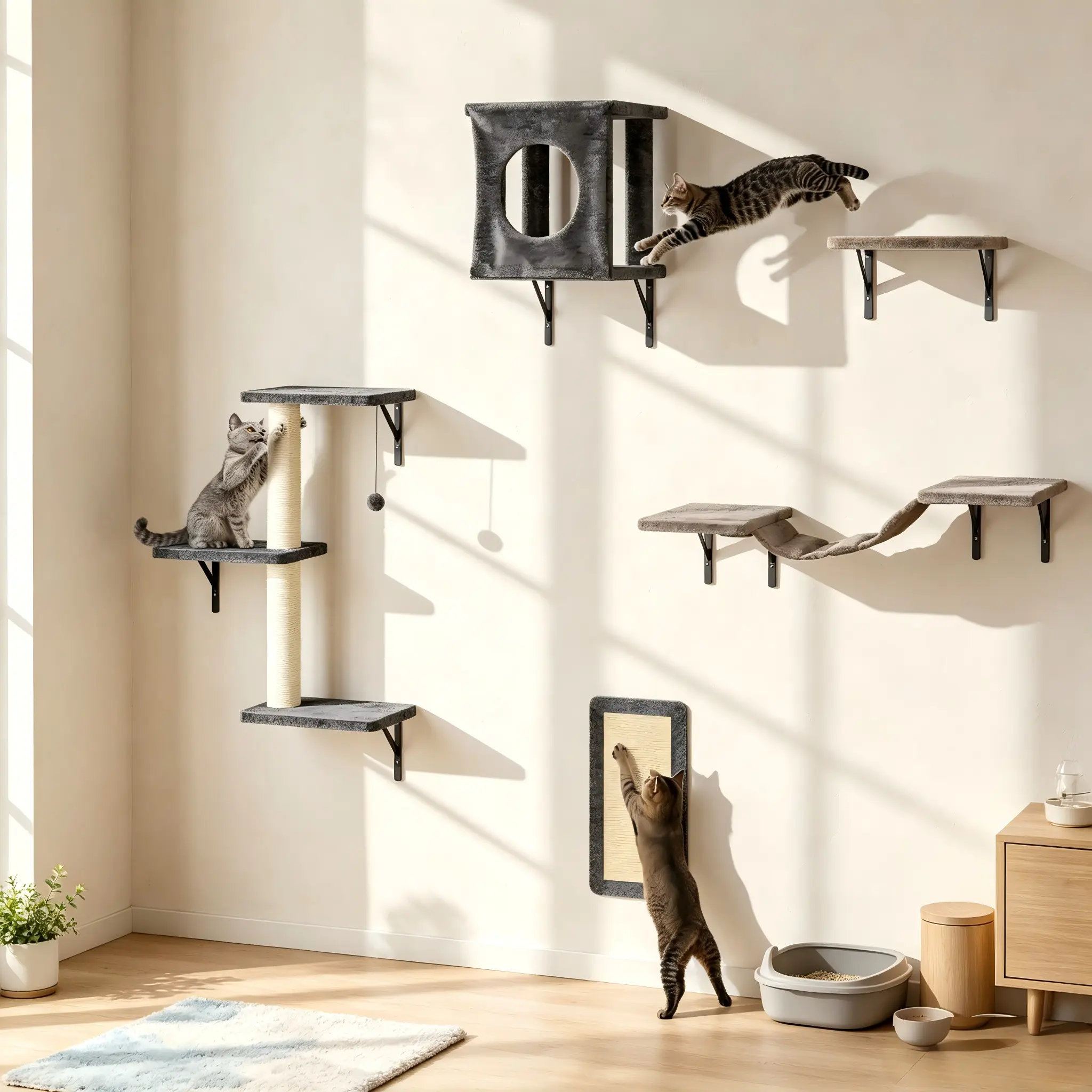 Bifanuo Cat Wall Shelves, 5Pc Wall-Mounted Cat Furniture, Cat Wall Shelves Cat Climber, Floating Cat Perch, Cat Bed, Bridge, Cat Tree, Cat House, Modern Cat Furniture, Cat Stuff Clearance,Grey