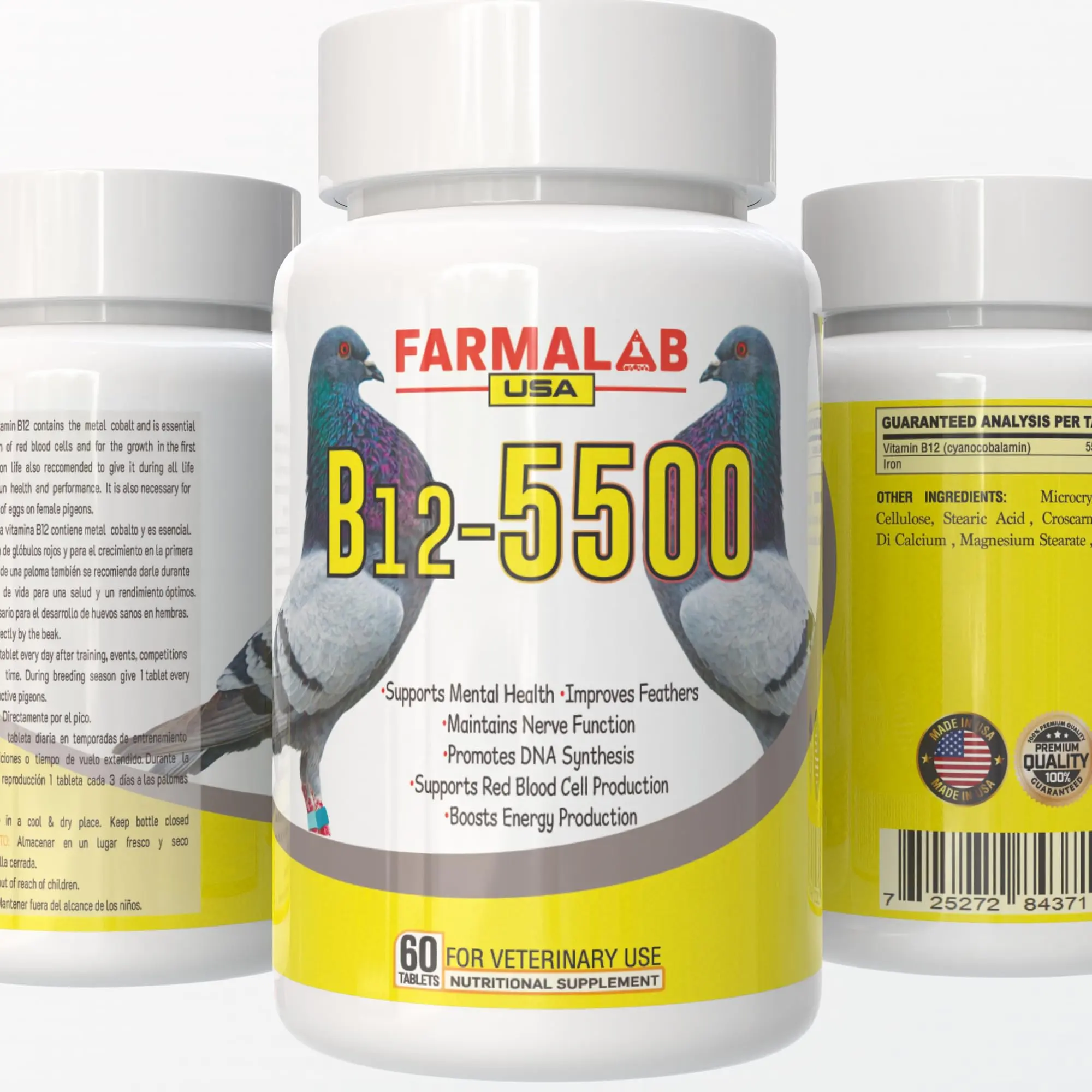 FARMALAB High Potency Edible Vitamin B12-5500 Avian Pet Dietary Supplement, 60 Tabs (5500 mcg B12, 1 mg Iron) – Energy Boost, Essential for Energy Enhancement, Supports Nerve Function, Store in a Cool, Dry Place