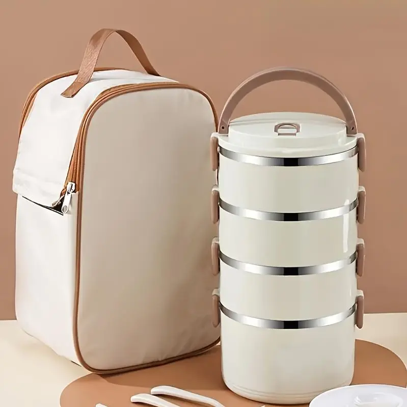 1 Set Stainless Steel 4 Layer Lunch Box With Lid, Complementary Bag & Cutlery - Large Capacity Storage Bucket - For Camping, Picnics, School, Office & Outdoor Adventures - Ideal Gift for Students, Hikers & Outdoor Enthusiasts