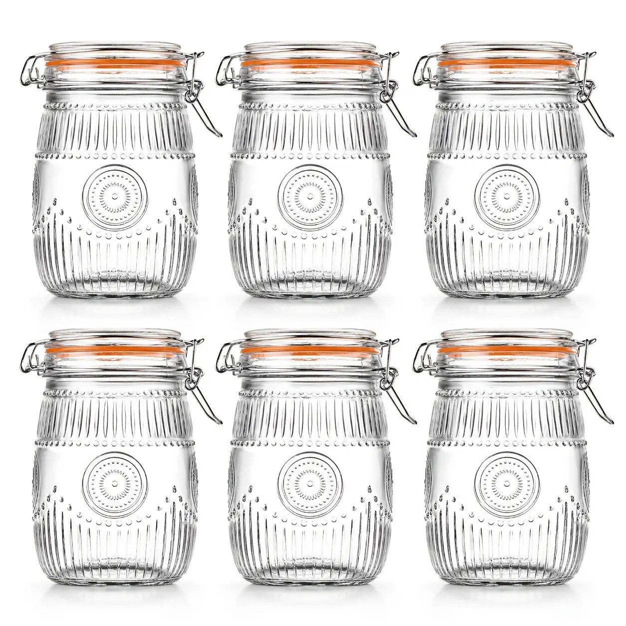 6PACK 32Oz Round Glass Mason Jars with Airtight Stainless Clip-Top Lids & Rubber Seals, Wide Mouth Canning Canister for Kitchen Food Storage, Pickling & Jam Preservation (Kitchen Utensils & Gadgets)