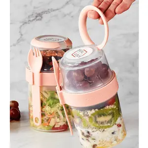 A Set of Lunch Box, Breakfast Box, Oat Grain Nut Yogurt Salad Cup Sealed Container Suit, with Fork and Lid, Seasoning Cup, Suitable for Back to School, Classroom, University, School Supplies, Kitchen Finishing and Storage, Kitchen Utensils