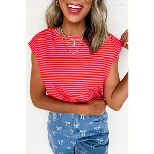 Red Stripe Ribbed Cap Sleeve Round Neck T Shirt