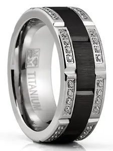 Men's Titanium Ring Two-Tone Wedding Band Round-Cut Cubic Zirconia Black Silver 8MM