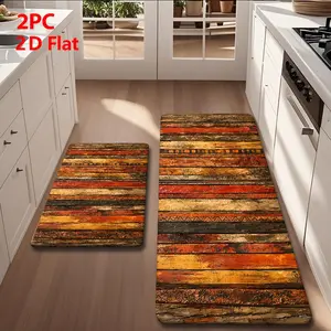 2/3pcs Soft Flannel Kitchen Mat Set, Striped Wood Grain Design, Anti-Slip Non-Skid, Absorbent, Kitchen Runner Rug
